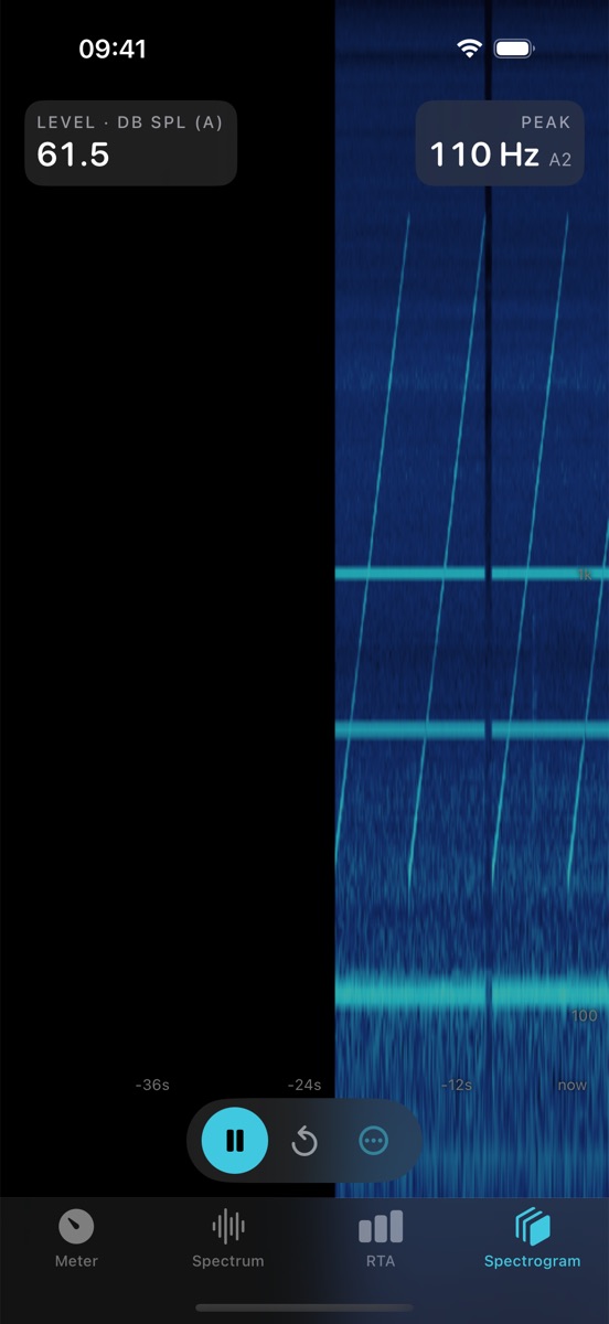 Spectrogram tab showing steady tones as horizontal lines and a frequency sweep as rising diagonals