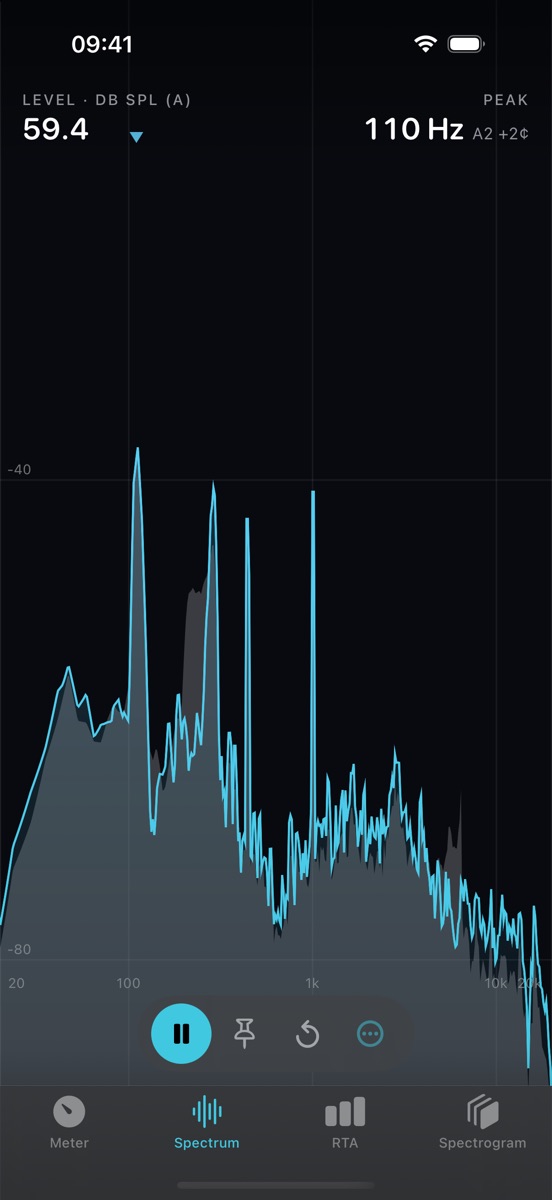 Scalar's spectrum analyzer showing a live frequency plot with a peak at 110 Hz